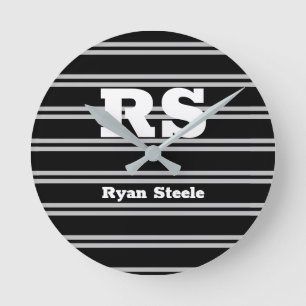 Bold Wht Monogram & Name, Lt Grey Lines, Black Vs2 Round Clock