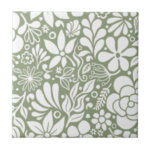 Bold Wild Flowers & Leaves Garden HD white Ceramic Tile