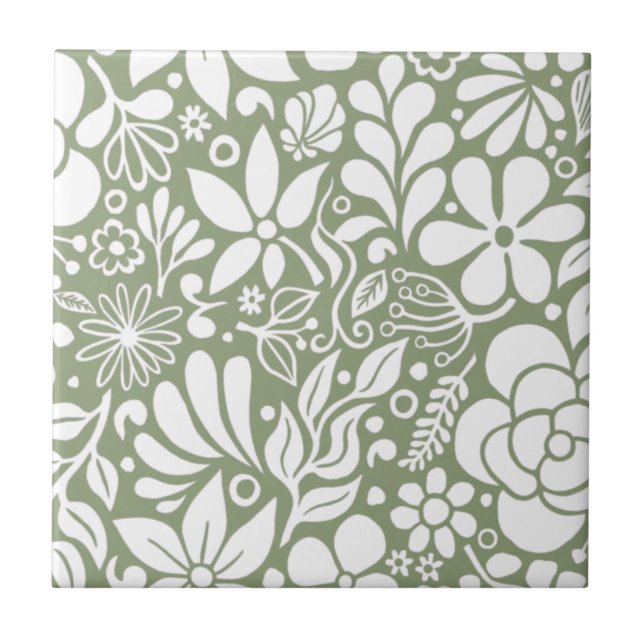 Bold Wild Flowers & Leaves Garden HD white Ceramic Tile (Front)
