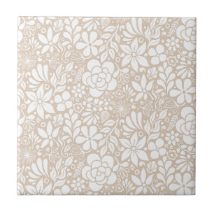 Bold Wild Flowers & Leaves Garden L white Ceramic Tile