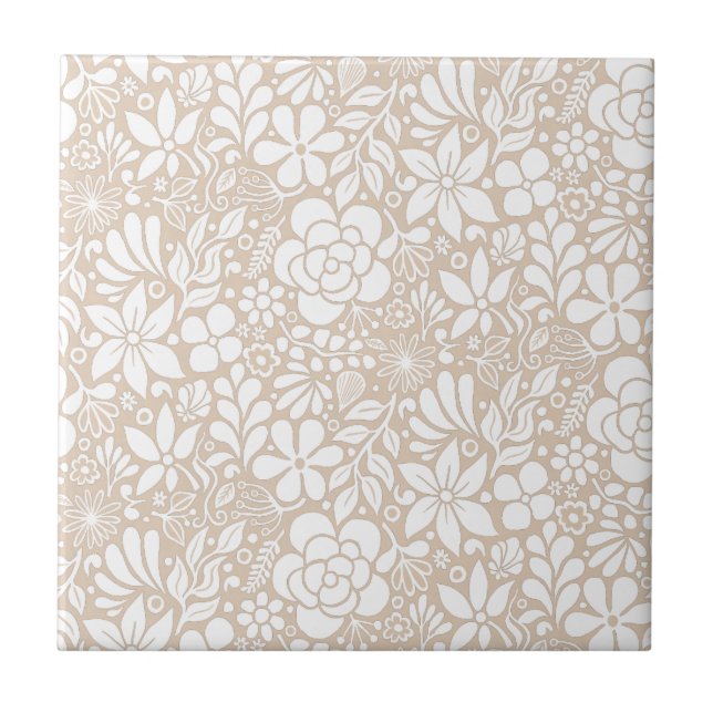 Bold Wild Flowers & Leaves Garden L white Ceramic Tile (Front)