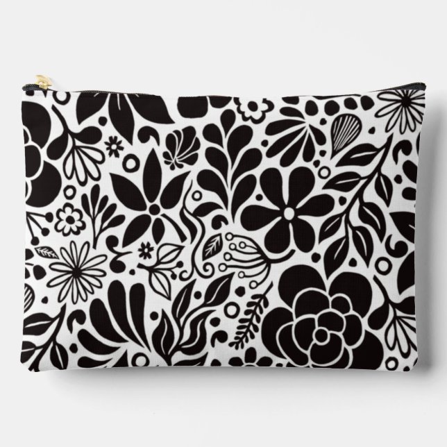 Bold Wild Flowers & Leaves Garden white black Accessory Pouch (Front)