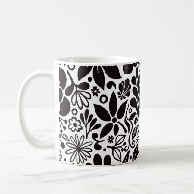 Bold Wild Flowers & Leaves L black white Coffee Mug (Left)