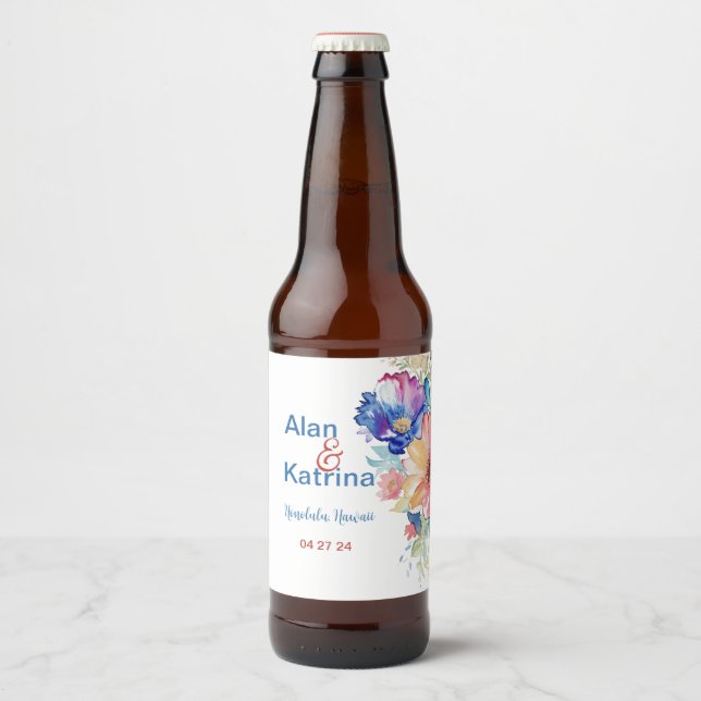Bold Wildflower Beer Bottle Label Set Blue Pink  (Front)