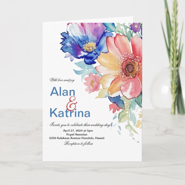 Bold Wildflower Garden Blue Pink Peach Floral Invitation (Front)