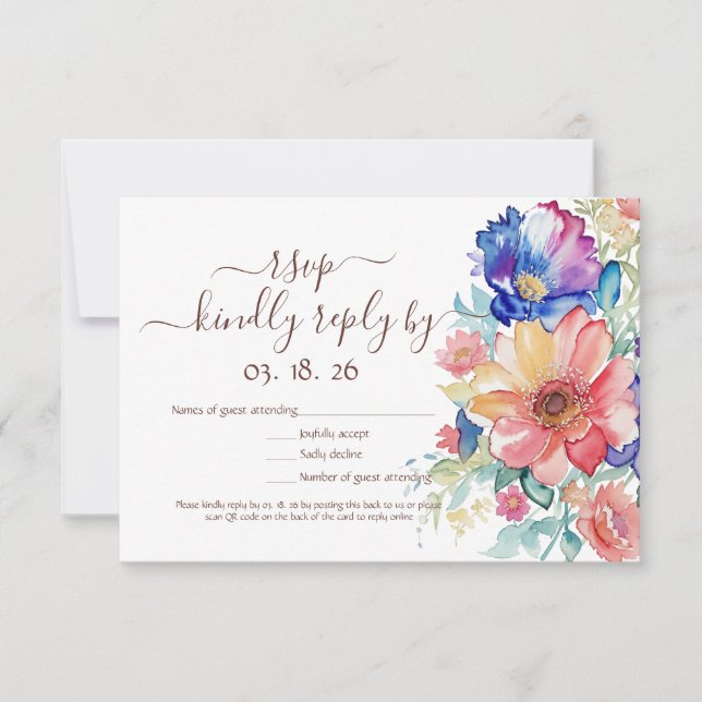 Bold Wildflower RSVP Card – Blue Pink Peach Floral (Front)