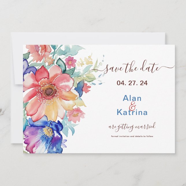Bold Wildflower Save the Date Card Blue Pink Peach (Front)