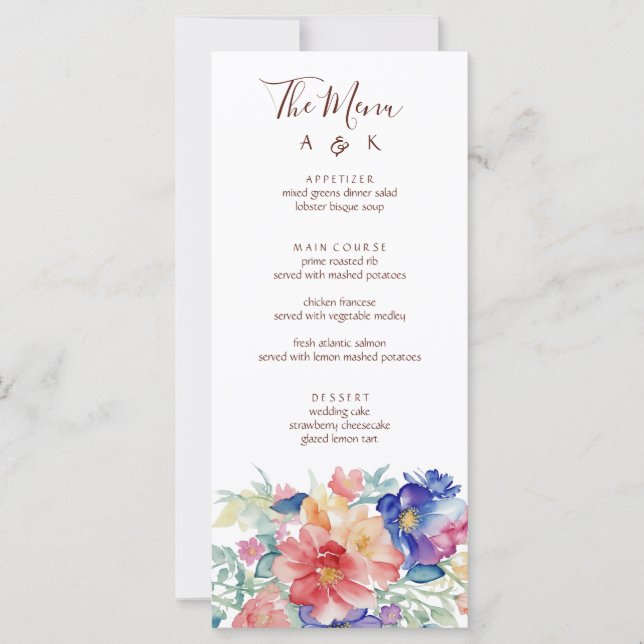 Bold Wildflower Wedding Menu Card Blue Pink Peach  (Front)