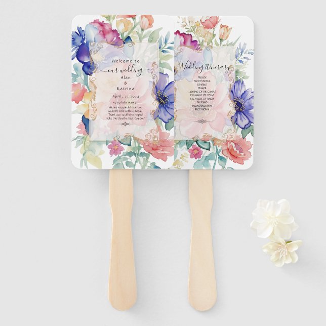 Bold Wildflower Wedding Program Fans Blue Pink  (Front and Back)
