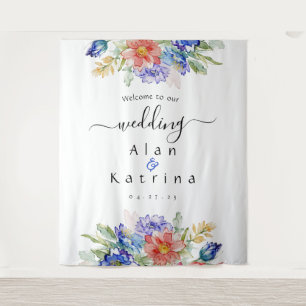 Bold Wildflower Wedding Tapestry Blue Pink Peach