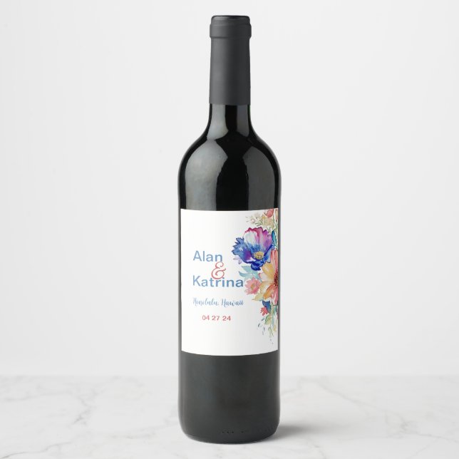 Bold Wildflower Wedding Wine Label Set (Front)