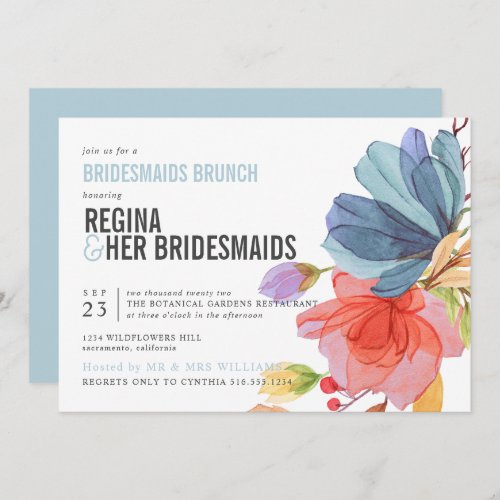 Bold Wildflowers Aqua Bridesmaids Brunch Luncheon Invitation
