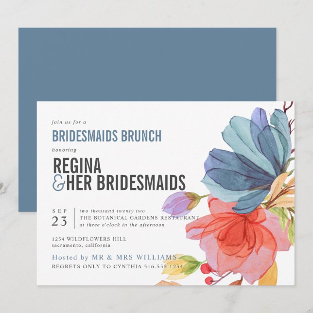 Bold Wildflowers Blue Bridesmaids Brunch Luncheon Invitation (Front/Back)