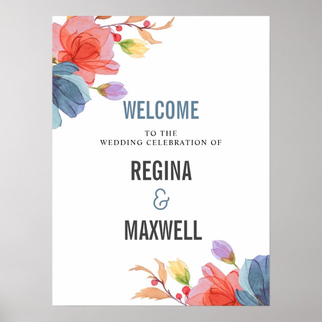 Bold Wildflowers Blue wedding Welcome Poster (Front)