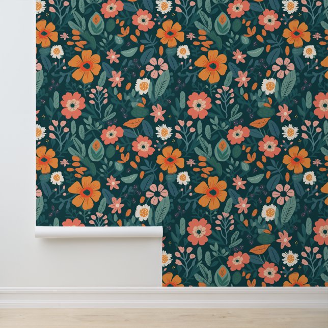 Bold Wildflowers Floral Green Wallpaper (Application)