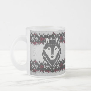 Bold Wolf Head Nordic Fair Isle Knit Frosted Glass Coffee Mug