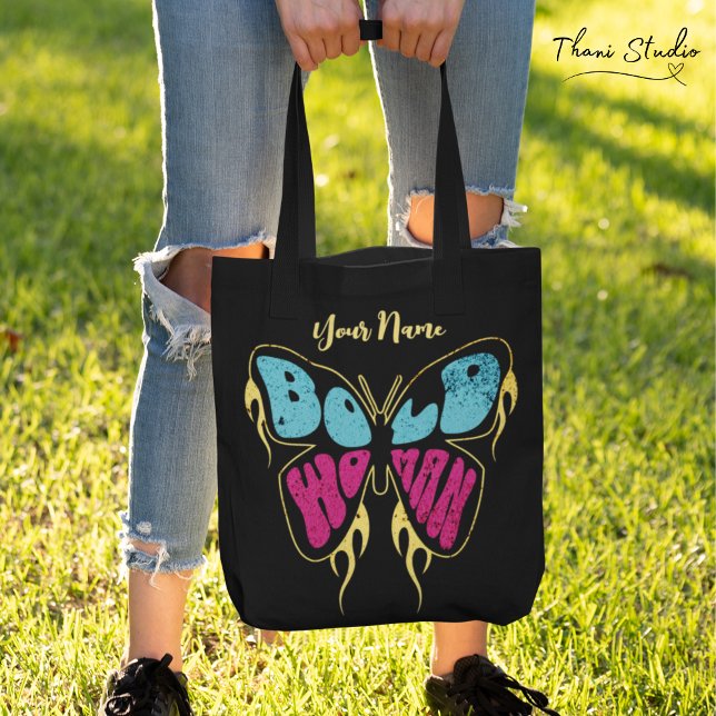 Bold Woman Personalized Name Rustic Butterfly Tote Bag (Creator Uploaded)