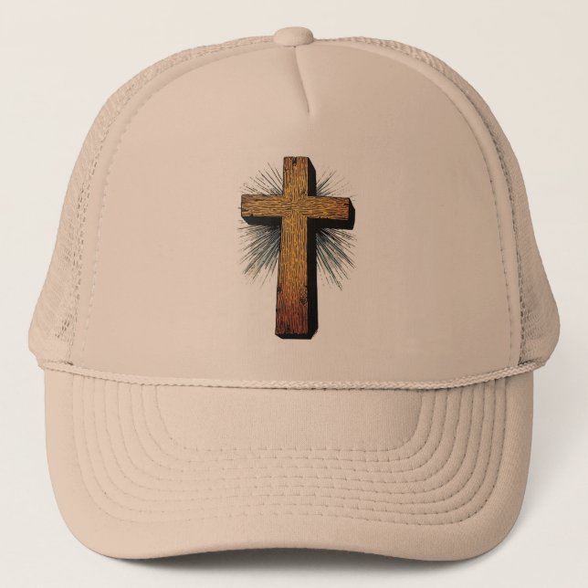 Bold Wooden Christian Cross Trucker Hat (Front)