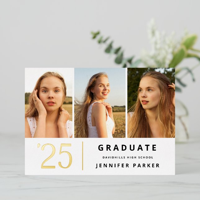 Bold Year 3 photo graduation  Foil Invitation (Standing Front)