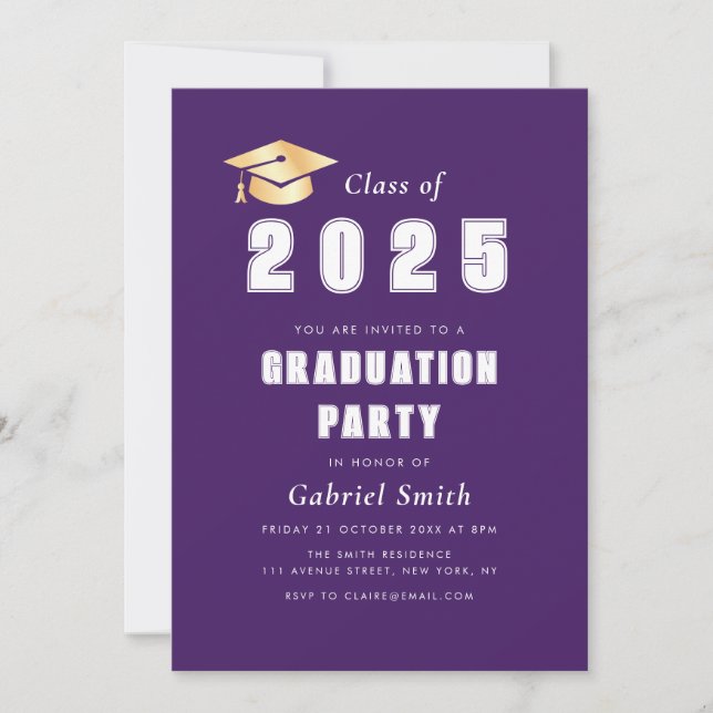 Bold Year purple graduation party invitation (Front)
