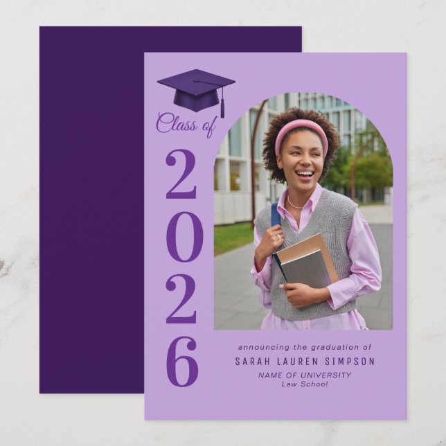 Bold year purple graduation photo announcement (Front/Back)