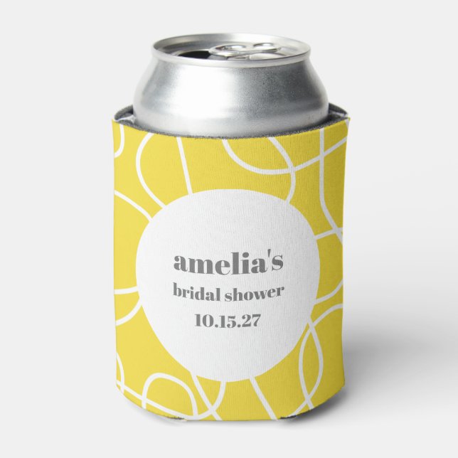 Bold Yellow Abstract Line Art Custom Bridal Shower Can Cooler (Can Front)