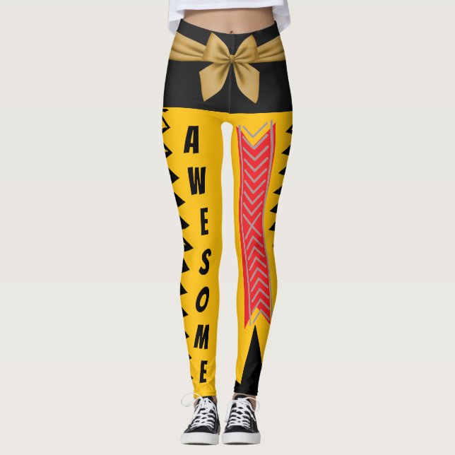 Bold Yellow and Black Abstract Gold Bow Design  Leggings (Front)