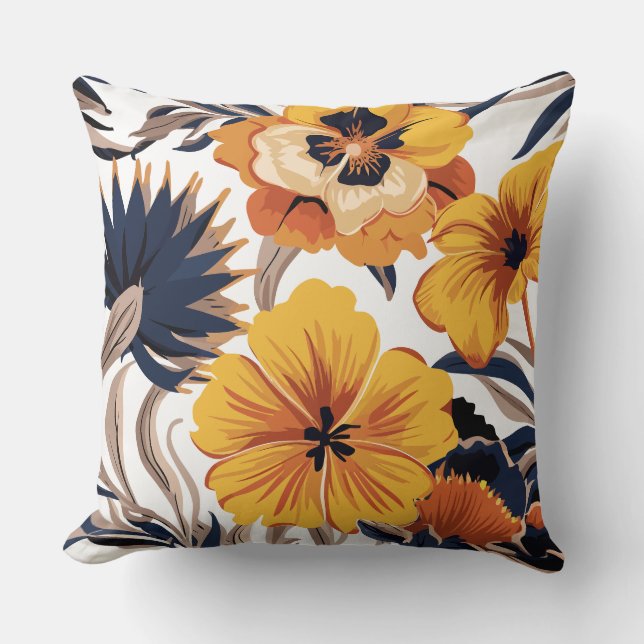 Bold Yellow and Navy Floral Harmony Throw Pillow (Front)
