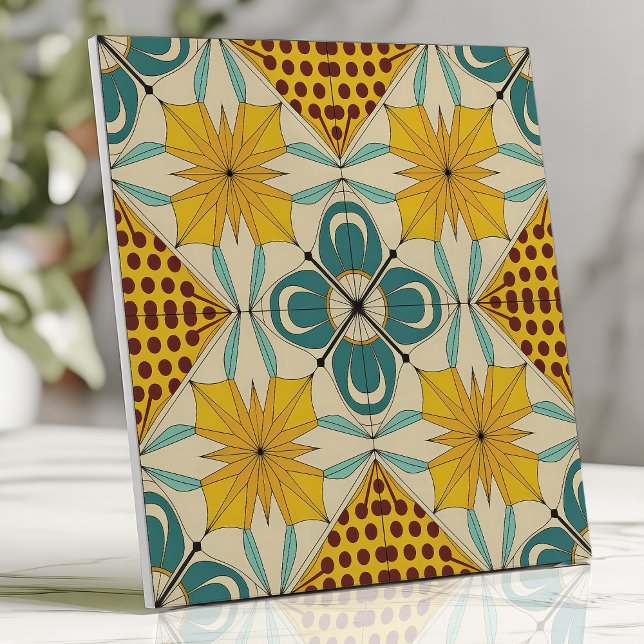 Bold Yellow and Teal Geometric Retro Ceramic Tile (Creator Uploaded)
