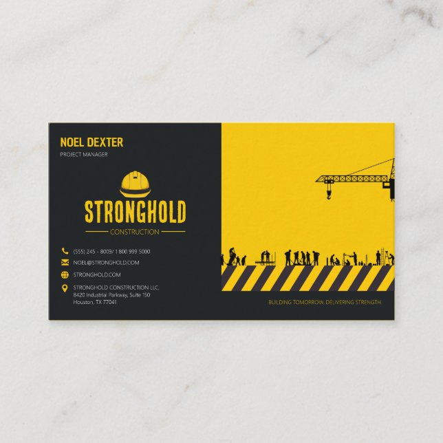 Bold Yellow Black Construction Business Card (Front)