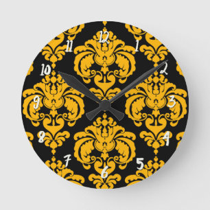 Bold Yellow & Black Damask Modern Personalized Round Clock