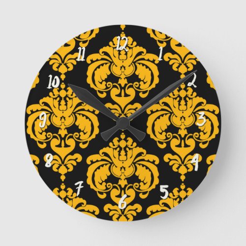 Bold Yellow  Black Damask Modern Personalized Round Clock