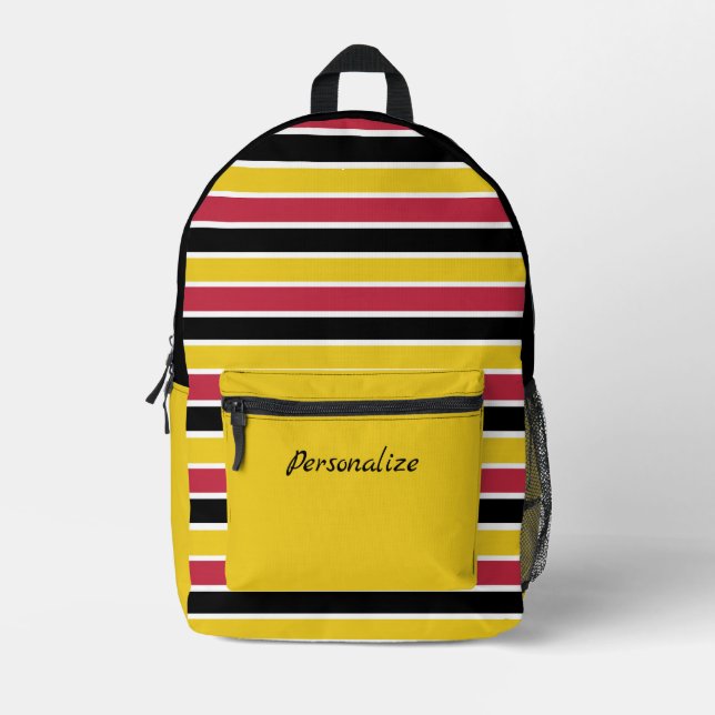 Bold Yellow Black Red Stripes – Personalized Name Printed Backpack (Front)