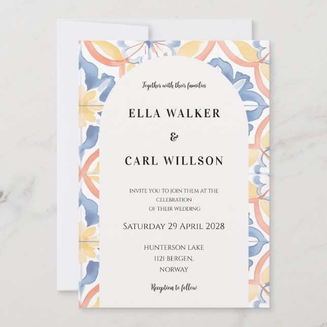 Bold Yellow Blue Orange Italian Tile Wedding Invitation (Front)