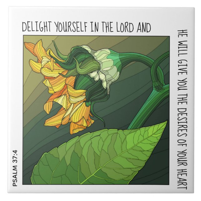 Bold yellow flower w/ verse from Psalm 37:4 Ceramic Tile (Front)