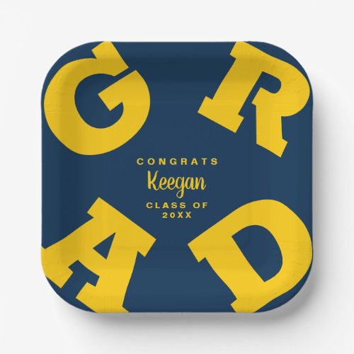 Bold Yellow GRAD on Blue Personalized Graduation Paper Plates