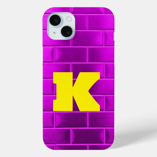 Bold Yellow K on Purple Brick Custom monogram  iPhone 15 Plus Case