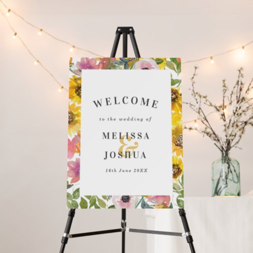 Bold Yellow  Pink Floral Wedding Welcome Foam Board