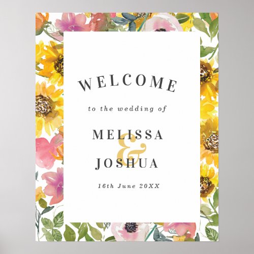 Bold Yellow  Pink Floral Wedding Welcome Poster