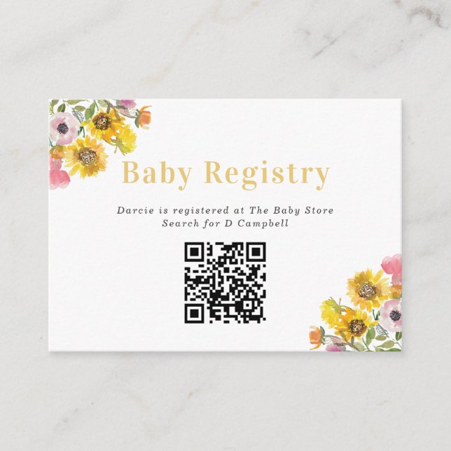 Bold Yellow & Pink Flowers Baby Registry QR Code Enclosure Card (Front)