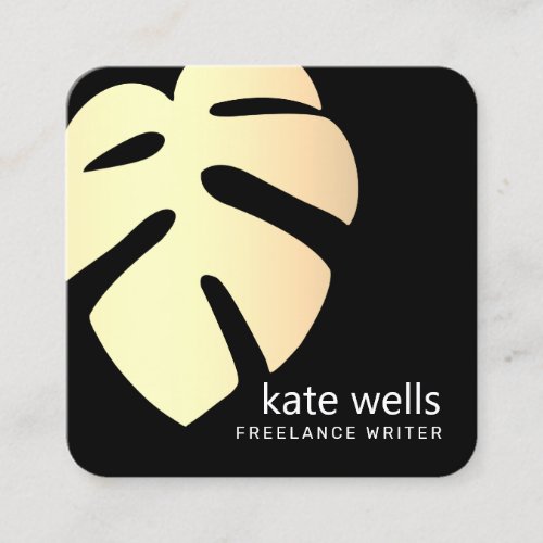 Bold Yellow Plant Leaf Black Square Business Card