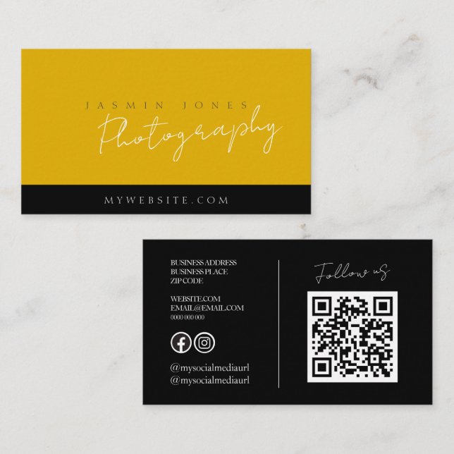 Bold Yellow QR Code Photography Business Card (Front/Back)