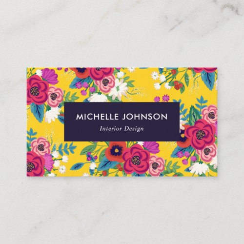 Bold Yellow Red Boho Floral Pattern Business Card