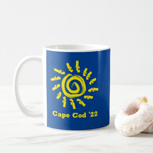 Bold Yellow Sun on Blue Custom Souvenir Mug (With Donut)
