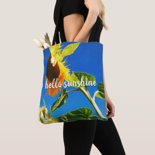 Bold yellow sunflower photo hello sunshine script tote bag