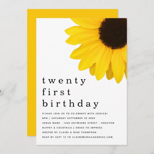 Bold Yellow Sunflower Twenty First Birthday Party Invitation