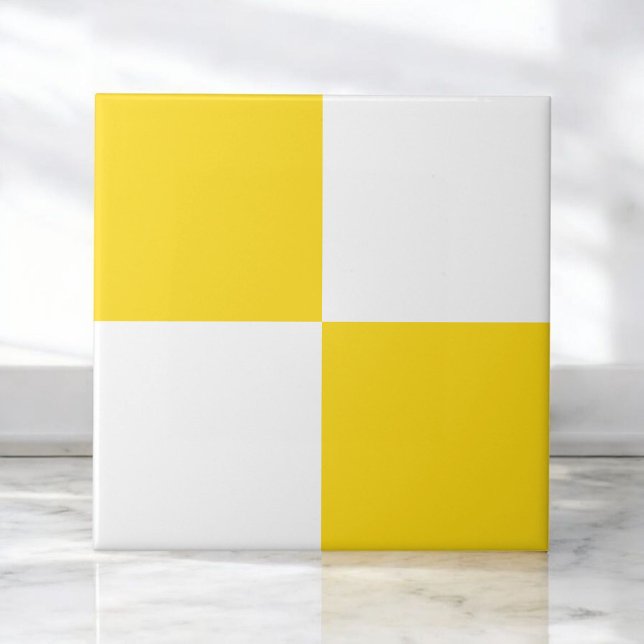 Bold Yellow & White Checkerboard Monochrome  Ceramic Tile (Creator Uploaded)