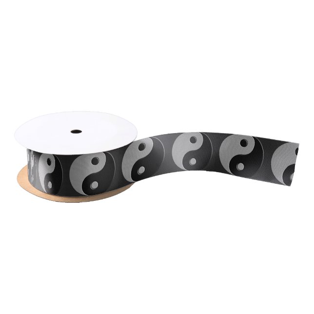 Bold Yin Yang in Carbon Fiber Print Style Satin Ribbon (Spool)