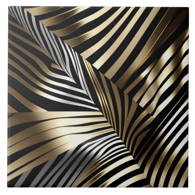 Bold Zebra Stripes - Black, Gold, Silver design Ceramic Tile (Front)