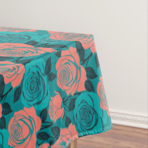 Boldly Stylized Roses In Shades Of Teal And Turquo Tablecloth